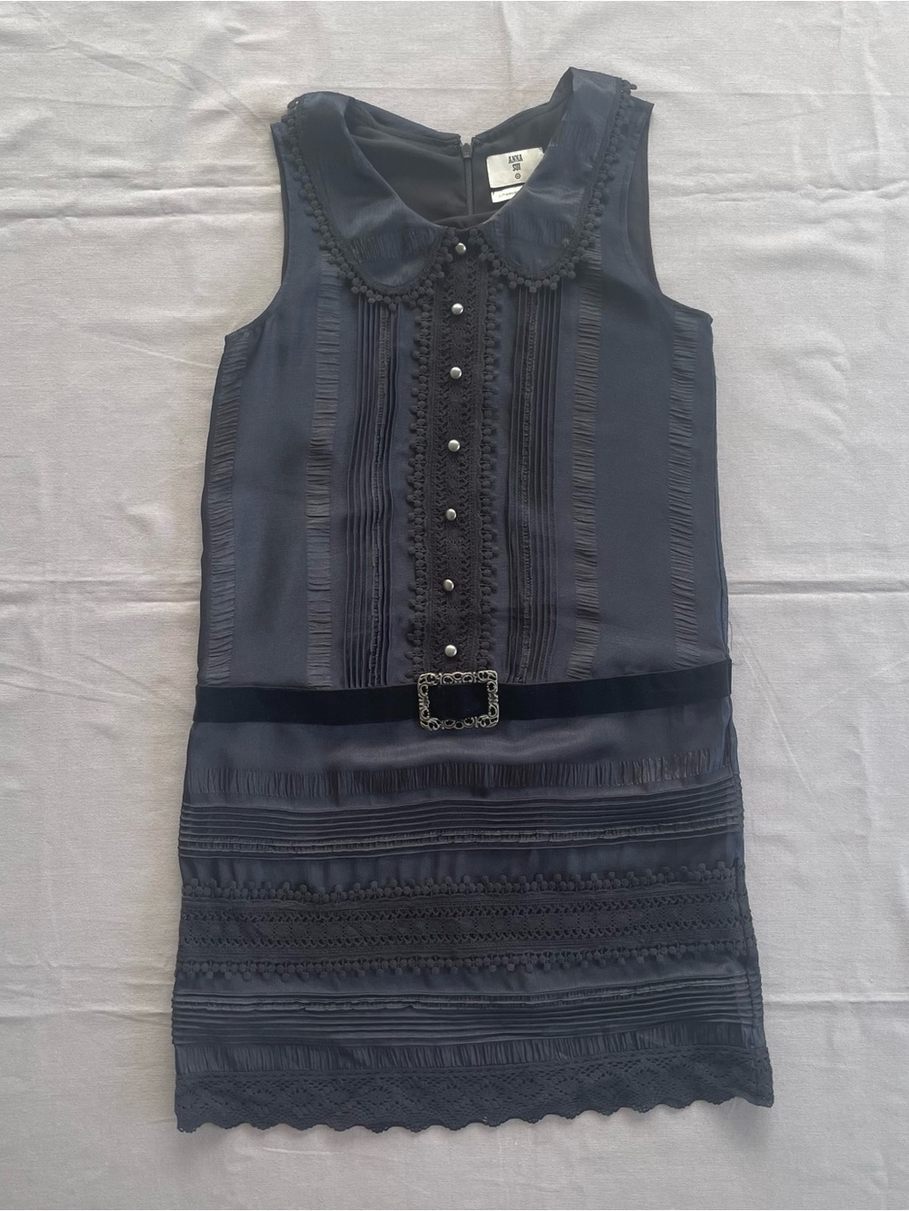 Anna Sui Sleeveless Collared Scoop Neck Embellished Black Lace Hem Dress XS